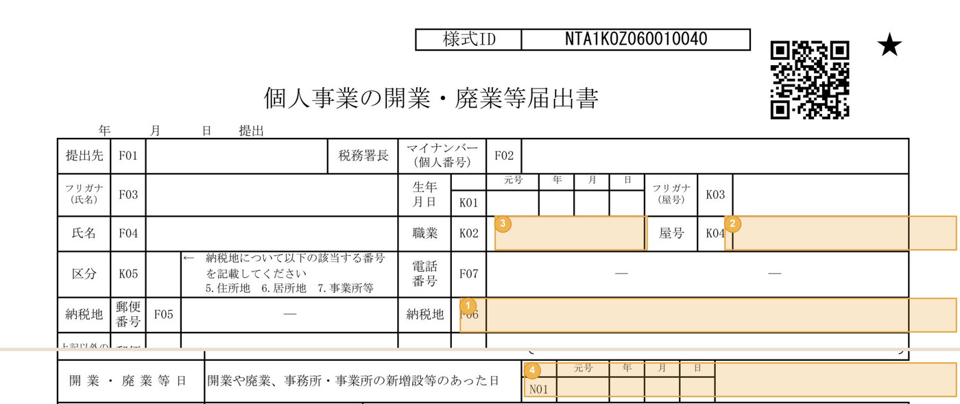 開業届PDFの記入箇所（納税地・屋号・職業・開業日）を番号で解説
