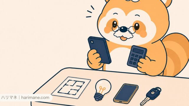 間取り図・電球・スマホ・車のキーを前に、電卓とスマホで按分を計算するたぬ吉