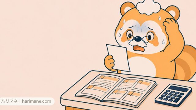 クーポン誌と請求書を前に冷や汗をかくたぬ吉