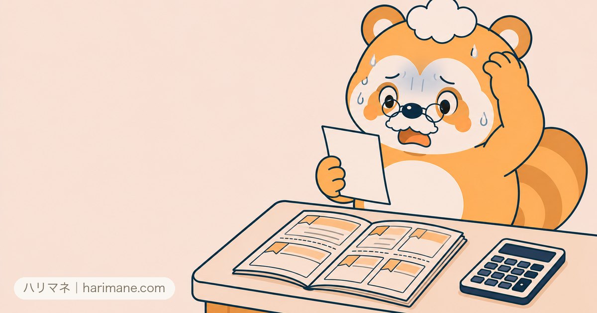 クーポン誌と請求書を前に冷や汗をかくたぬ吉