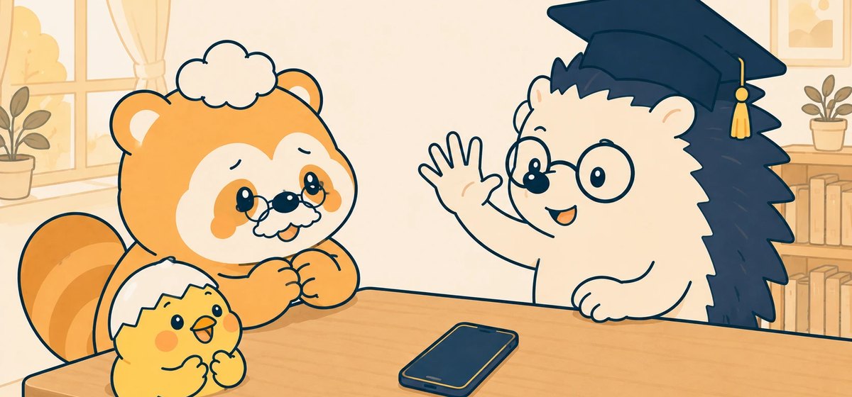 指を5本立てて説明を始めるハリマネ先生と、前のめりで聞くたぬ吉とぴよ