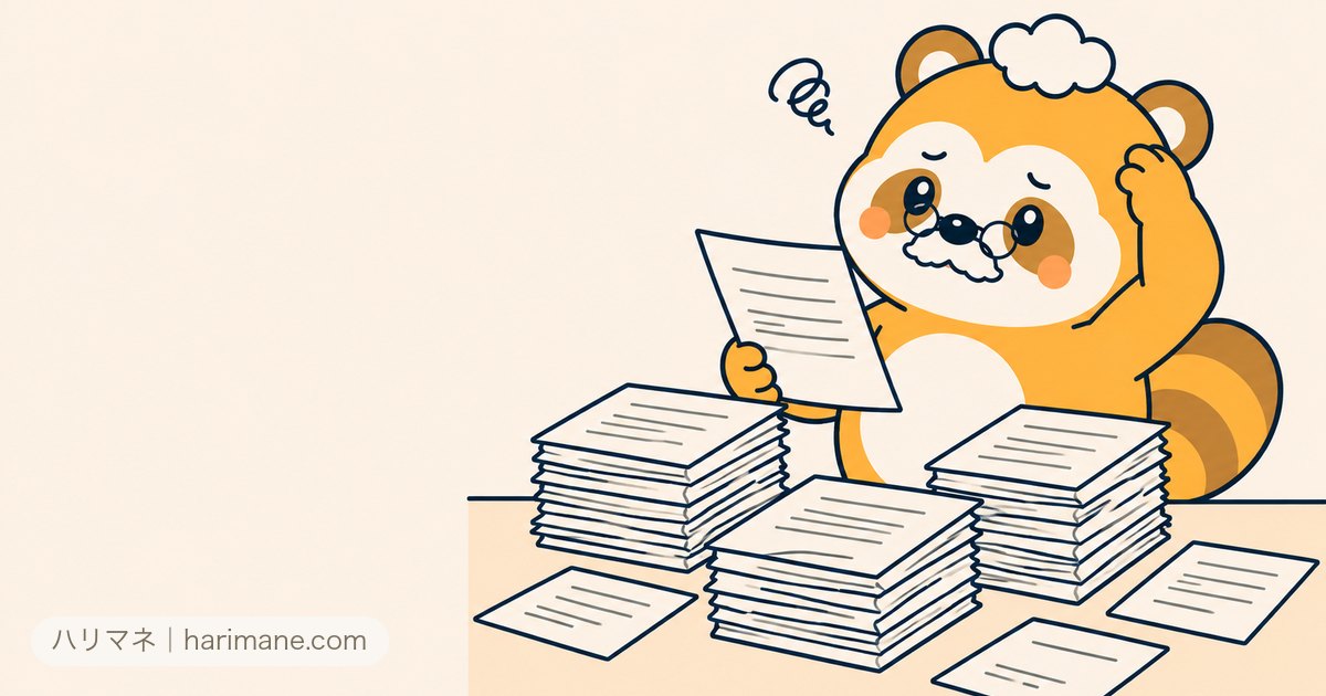 書類の山を前に1枚を手に取り首をかしげるたぬ吉