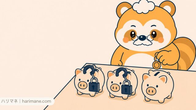 南京錠のかかった貯金箱2つと開いた貯金箱を見比べるたぬ吉