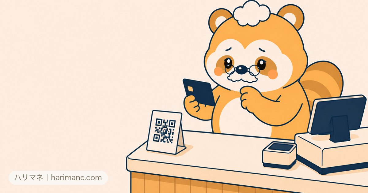店頭のQRコードとカードを見比べるたぬ吉