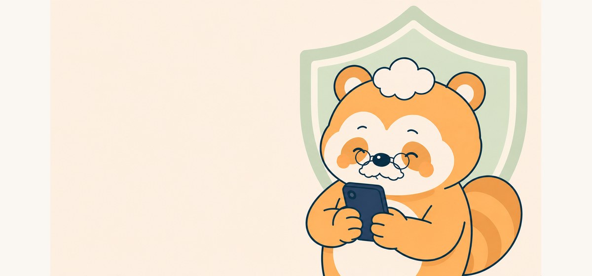 盾を背にスマホで仕分けを確認して安心するたぬ吉