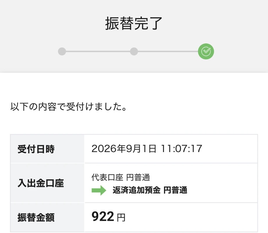 922円を返済追加預金口座へ振替完了した画面